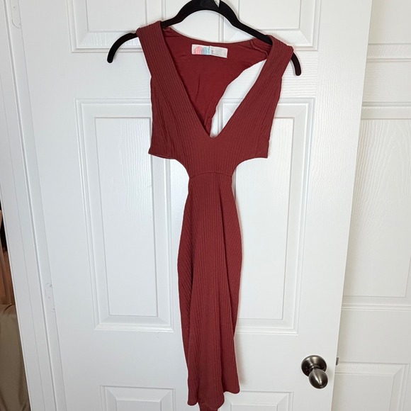 Free People Beach Ribbed Deep V Cutout Midi Dress Red XS - Picture 2 of 5
